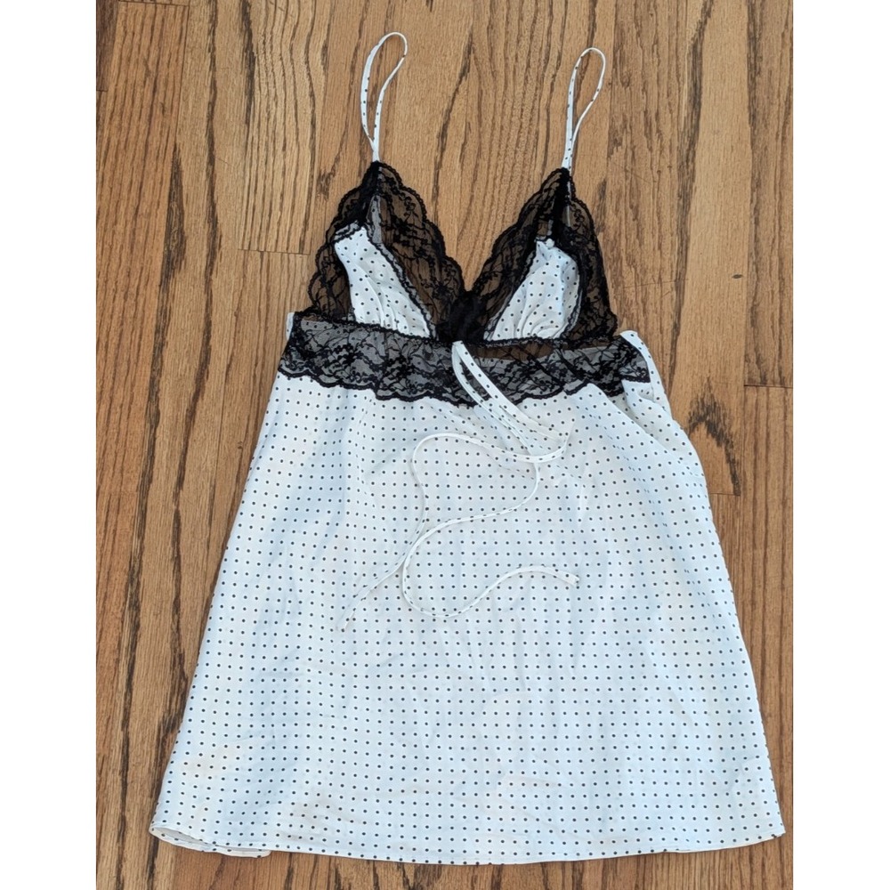 Victoria's Secret Slip Dress M Babydoll Chemise White Black Polka Dot Lace NWOT